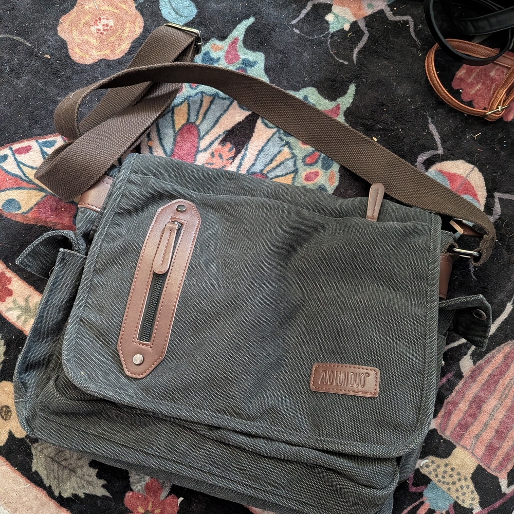 Canvas Messenger Bag - Olive Green with Brown Accents